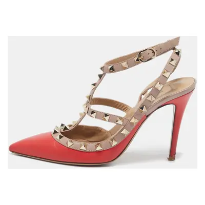 Valentino Red/Beige Leather Rockstud Ankle Strap Pumps Size