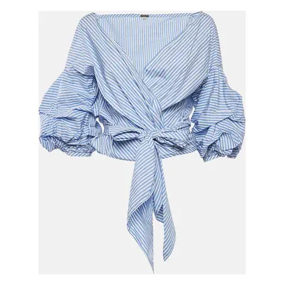 Johanna Ortiz Blue Stripe Cotton Blend Wrap Around Blouse