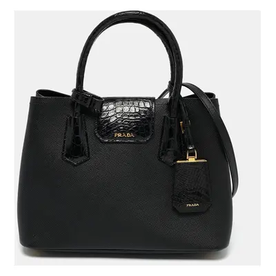 Prada Black Saffiano Cuir Leather and Alligator Double Handle Tote