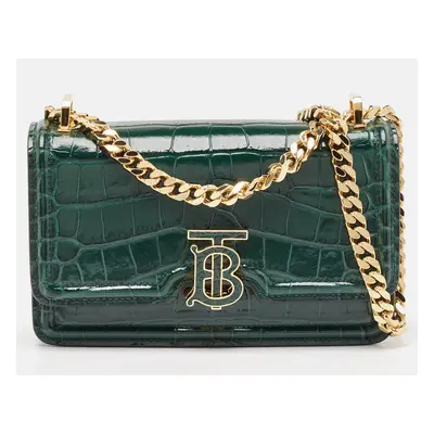 Burberry Green Croc Embossed Patent Leather TB Elongated Chain Bag