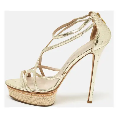 Le Silla Gold Leather and Embossed Python Espadrille Platform Strappy Sandals Size