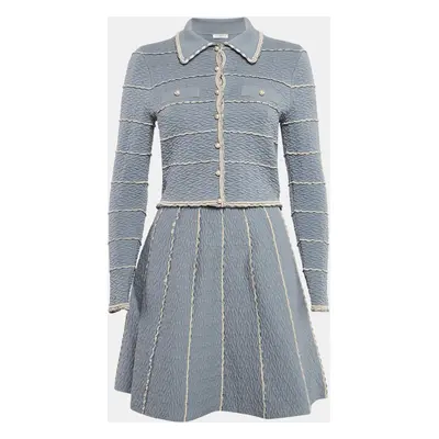 Sandro Blue Textured Stripe Stretch Knit Cardigan and Skirt Set