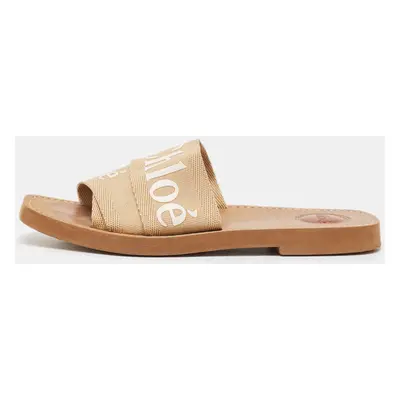 Chloe Beige Canvas Woody Flat Slides Size