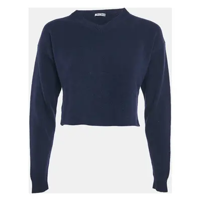 Miu Miu Navy Blue Wool V-Neck Crop Sweater