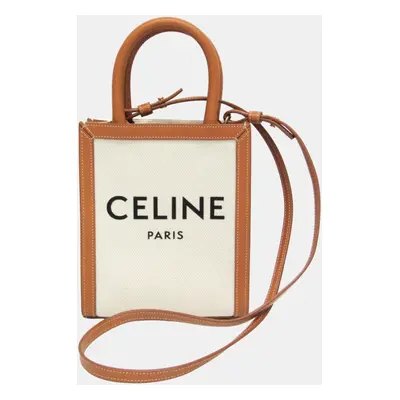 Celine Light Brown/Off-White Leather/Canvas Vertical Cabas Mini Logo Tote Bag