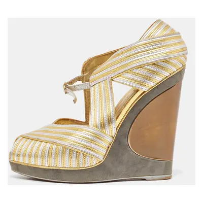 Yves Saint Laurent Gold/Silver Leather and Suede Peep Toe Wedge Pumps