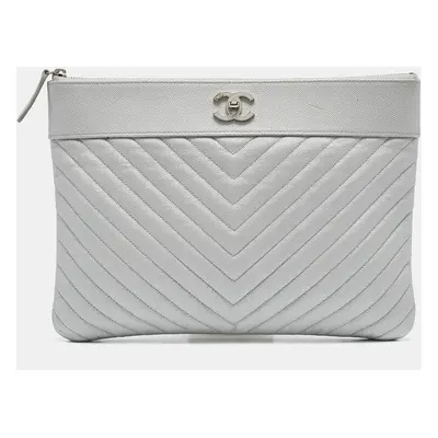 Chanel Silver Chevron Leather O-Case Zip Pouch