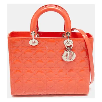 Dior Orange Cannage Patent Leather Large Lady Dior Tote