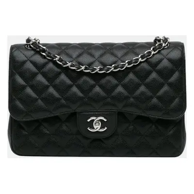 Chanel Black Caviar Leather Jumbo Classic Double Flap Shoulder Bag