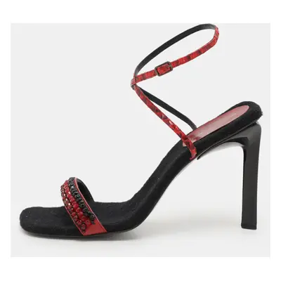 Sergio Rossi Red Leather and Python Ankle Strap Sandals Size