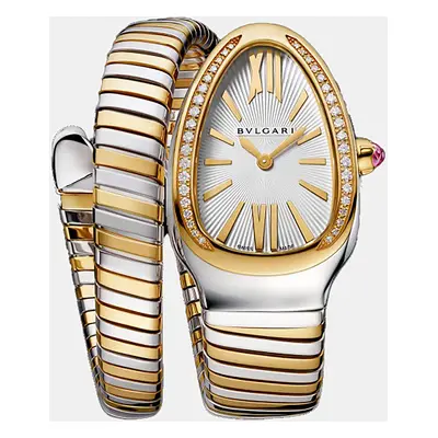 Bvlgari White 18K Yellow Gold Stainless Steel Diamond Serpenti Tubogas Women's Wristwatch mm