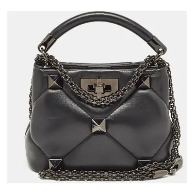 Valentino Black Quilted Leather Mini Roman Stud Top Handle Bag