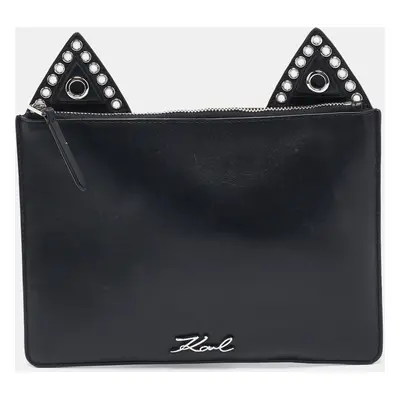 Karl Lagerfeld Black Leather Eyelet Cat Ear Pouch