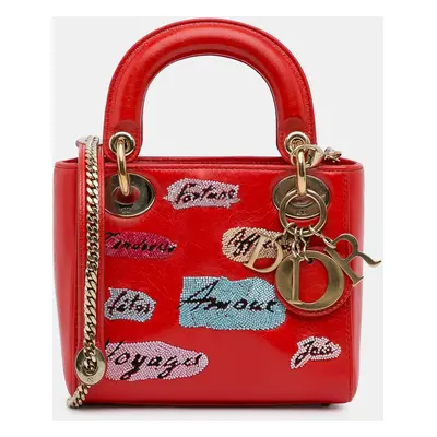 Dior Red Mini Calfskin Sequin Embellished Lady Dior