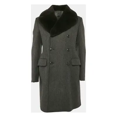 Prada Charcoal Grey Wool Fur Collar Double Breasted Coat