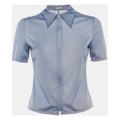 Miu Miu Blue Jersey Zip-Up Semi Sheer Shirt