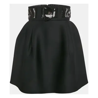 Elisabetta Franchi Black Faux Leather Belted Neoprene Flared Mini Skirt