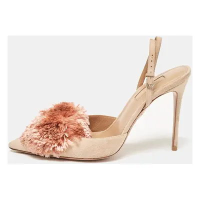 Aquazzura Beige Suede Powder Puff Pointed Toe Slingback Sandals Size