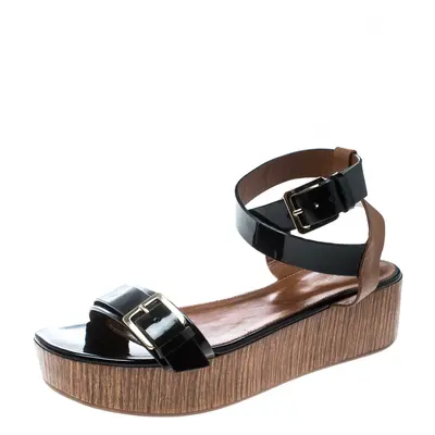 Sergio Rossi Black/Brown Leather Ankle Strap Wedge Sandals Size