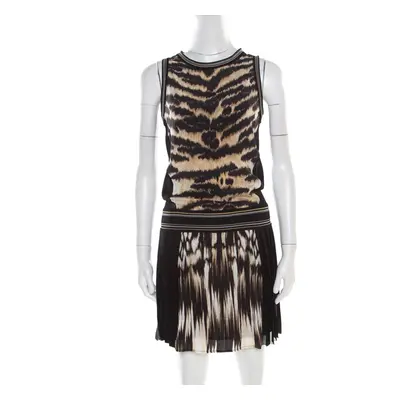 Roberto Cavalli Black and Brown Animal Printed Silk Pleated Sleeveless Dress