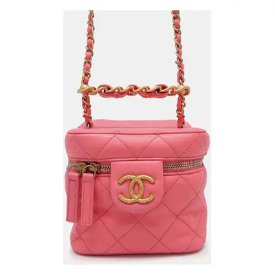 Chanel Pink Calf Leather Matelasse Chain Shoulder Vanity Bag