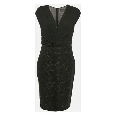 Max Mara Black Tweed and Silk Draped V-Neck Short Dress