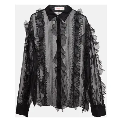 Valentino Black Beads Embroidered Oraganza Ruffle Detail Shirt