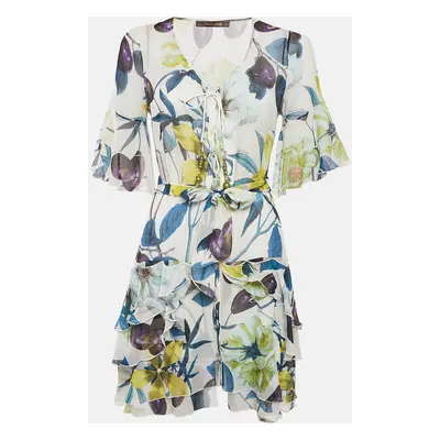 Roberto Cavalli Multicolor Floral Print Silk Ruffle Belted Dress