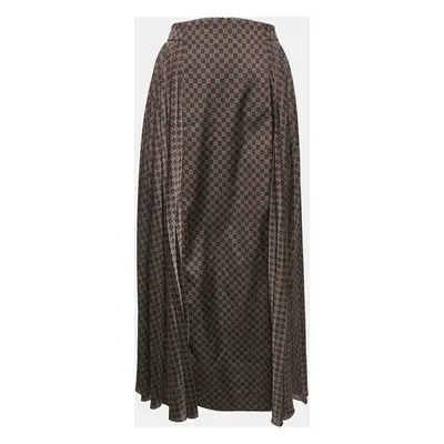 Balmain Brown Monogram Print Satin Pleated Midi Skirt