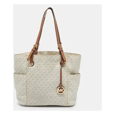 Michael Kors White/Brown Signature Coated Canvas Jet Set Tote