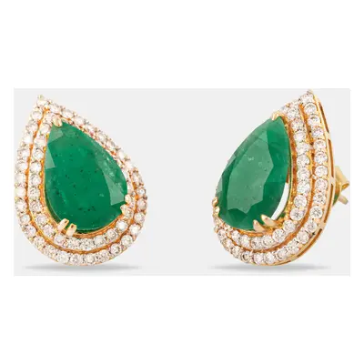 14K Gold Natural Pear Shape Emerald And Natural Diamond Earrings