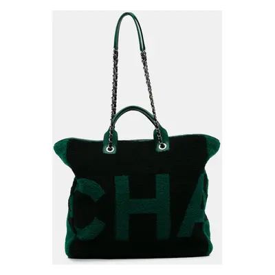 Chanel Black Green Large Shearling and Calfskin Deauville Shopping Tote