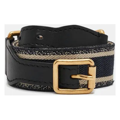 Dior Navy Blue Embroidered Canvas and Black Leather Buckle Belt 80CM