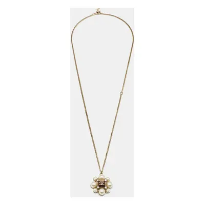 Chanel CC Faux Pearl Resin Crystals Gold Tone Pendant Necklace