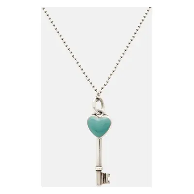 Tiffany & Co. Heart Key Blue Enamel Sterling Silver Pendant Necklace