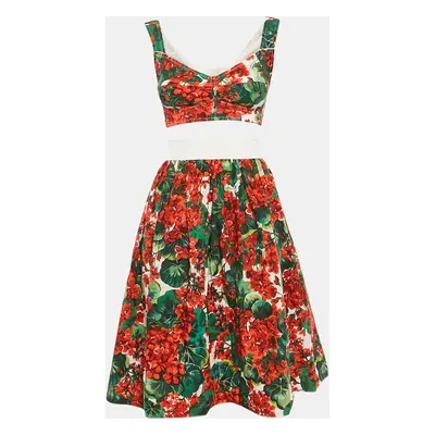 Dolce & Gabbana Multicolor Floral Print Crepe and Cotton Bustier Top and Midi Skirt Set