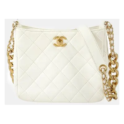 Chanel White Leather Cc Logo Hobo Chain Shoulder And Crossbag