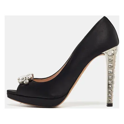 Miu Miu Black Satin Crystal Embellished Open Toe Pumps Size 40.5