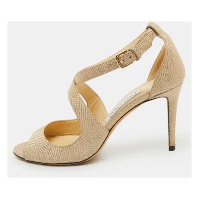 Jimmy Choo Beige Textured Leather Emily Cross Strap Sandals Size