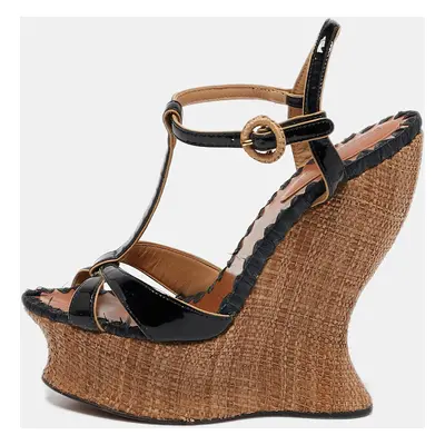 Dolce & Gabbana Black/Beige Patent and Raffia Cork Wedge Ankle Strap Sandals Size