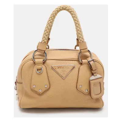 Prada Beige Vitello Daino Leather Rope Handle Bauletto Bowler Bag