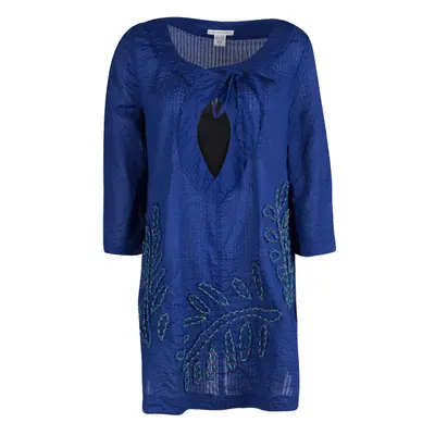 Diane Von Furstenberg Blue Seersucker Beaded Applique Detail Tunic