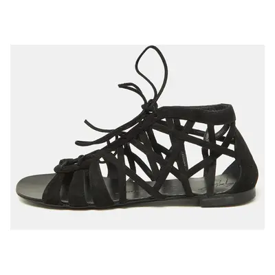 Giuseppe Zanotti Black Suede Strappy Lace Up Flat Sandals Size