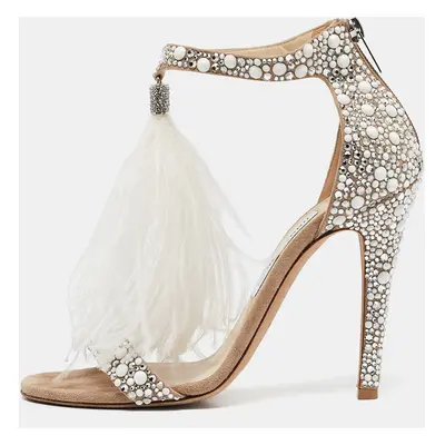 Jimmy Choo Metallic Beige Suede and Crystal Embellished Voila Ankle Cuff Sandals Size