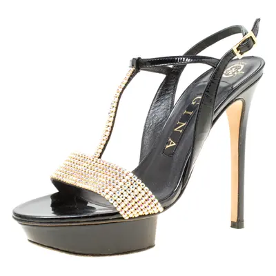 Gina Black Patent Leather Crystal Embellished Platform Sandals Size