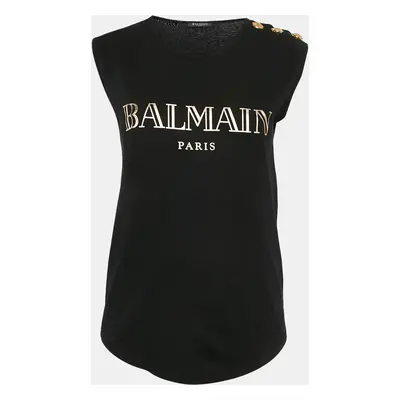 Balmain Black Logo Print Cotton Knit Button Detail Sleeveless Top