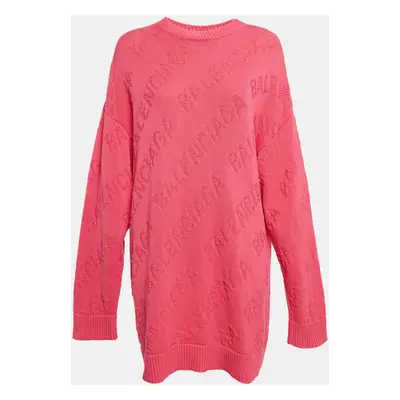 Balenciaga Pink Logo Embossed Knit Oversized Sweater