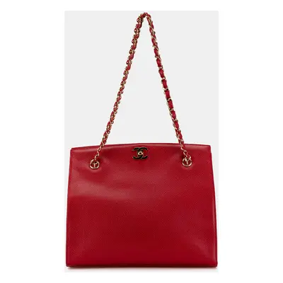 Chanel Red CC Caviar Turn Lock Chain Tote