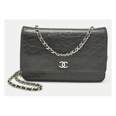 Chanel Black Camellia Embossed Leather Wallet On Chain