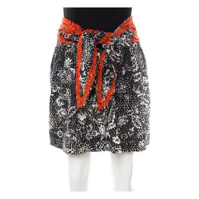 Isabel Marant Black and Red Eyelet Embroidered Cotton Tie Up Detail Pleated Skirt